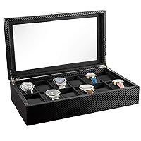 Watch Box- Display Case & Organizer For Men| First-Class Jewelry Watch Holder| 12 Watch Slots| Sleek Black Color, Glass Top, Carbon Fiber, & Faux Leather