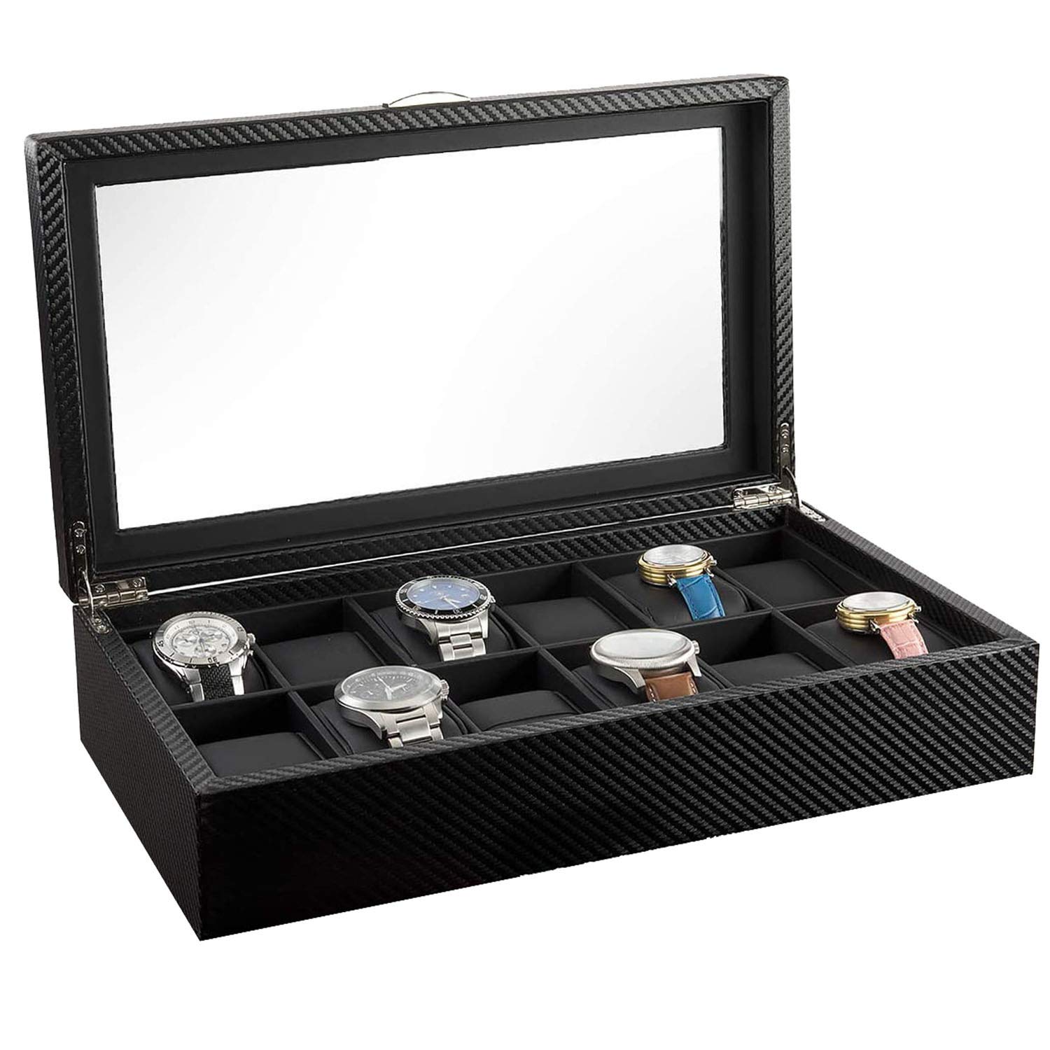 HAUTEROW Watch Box- Display Case & Organizer For Men| First-Class Jewelry Watch Holder| 12 Watch Slots| Sleek Black Color, Glass Top, Carbon Fiber, & Faux Leather