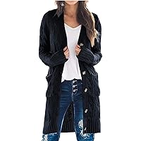 PRETTYGARDEN Long Sleeve Cable Knit Long Cardigan for Women 2023 Fall Winter Chunky Open Front Button Sweaters with Pockets