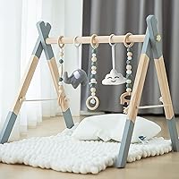 Avrsol Wooden Baby Play Gym Foldable Baby Play Gym Frame Activity Gym Hanging Bar with 5 Gym Baby Toys Natural Gift for Newborn Baby (Foldable Grey)