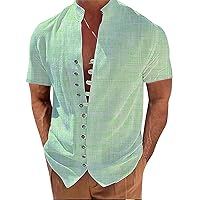 Beach Shirts for Men Henley Short Sleeve Casual Summer Shirts Button Up Band Collar Striped Hawaiian T-Shirt