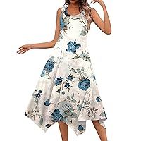 Sun Dresses for Women Casual,Women's Casual Round Neck Sleeveless Floral Print Irregular Hem Midi Dress