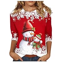 Tee Shirts Womens,Basic Tops Women's Crew-Neck Fashionable 3/4 Sleeve Christmas Print Top Going Out Tops Fall Shirt Light Pink Long Sleeve Women Christmas T Shirts for Women Red,S