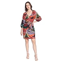 Donna Morgan Women's Shirred V-Neck Mini Dress with Puff Sleeves and Tie Waist