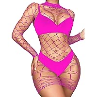 YiZYiF Womens Fishnet Bodycon Mini Dress Mock Neck Hollow Out Nightdress Mesh Sheer Club Party Dress Hot Pink One Size