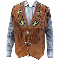 Men's Indian Western Leather Vest Fringed & Beaded Brown X-Large