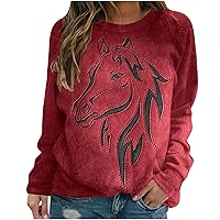 Women 3D Horse Graphic Sweatshirt Vintage Paint Print Distressed T Shirt Crewneck Pullover Casual Long Sleeve Top