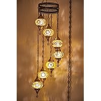 DEMMEX 7 Globes Swag Plug in Turkish Moroccan Mosaic Bohemian Tiffany Ceiling Hanging Pendant Light Lamp Chandelier Lighting with 15feet Cord Chain and Plug, 50