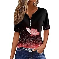 Short Sleeve Shirts for Women,Tops for Women Trendy Geometric Print V Neck Button Top Summer Tops for Women 2024