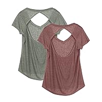 icyzone Activewear Fitness Yoga Tops Workout V Neck Open Back T-Shirts for Women(Pack of 2)