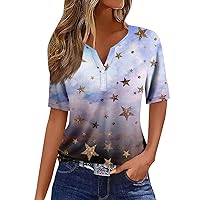 Women's T-Shirts Summer Short Sleeve Shirts Loose V Neck Plus Size Tops Floral Graphic Tees Button Down Blouses
