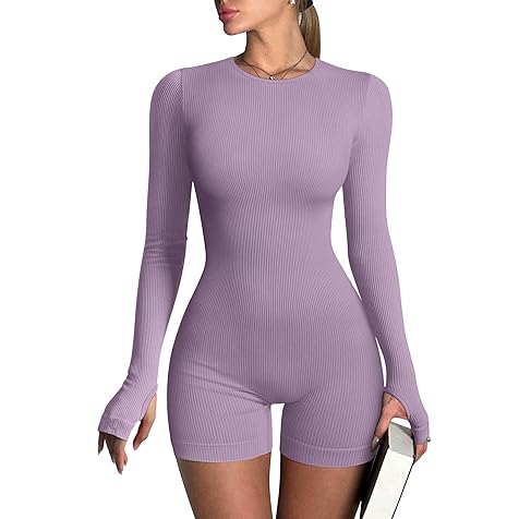 Women‘s Yoga Rompers Ribbed Long Sleeve Crew Neck Tops Exercise Rompers