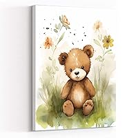 jungle theme nursery decor,office decor,brown teddy bear sits by a tree blooms,in the style of watercolor illustrations,cartoon illustration watercolor,8''x12'' Framed Modern Canvas Wall Art