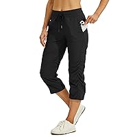 Willit Women's Woven Capris Hiking Travel Pants Striped Workout Drawstring Pants with Pockets Lightweight Quick Dry