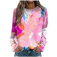 Womens Long Sleeve Tops Casual Fashion Tie Dye Gradient Print Sweatshirt Loose Fit Round Neck Shirts Pullover
