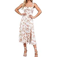 Floral Midi Corset Dress Boho Flowy Slit Lace Up Dresses for Women Going Out A Line Casual Sundress