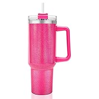 40 oz Tumbler with Handle and Straw Lid, Vacuum Insulated Leak Proof Double Walled Stainless Steel Glitter Travel Mug Tumblers, Maintains Cold Ice and Heat for Hours(Hot Pink)