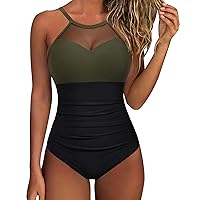 SUUKSESS Women Tummy Control One Piece Swimsuit Sexy Mesh High Neck Bathing Suit