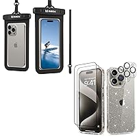 MIODIK Bundle - for Waterproof Phone Pouch + iPhone 15 Pro Max Case, with Detachable Lanyard + 9H Tempered Glass Screen Protector + Camera Lens Protector - Black + Clear