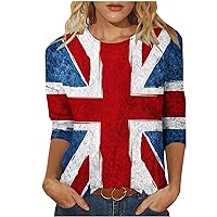 Vintage Distressed British Flag Shirts Women 3/4 Sleeve Crewneck Loose Tee Tops United Kingdom UK Pullover Blouses