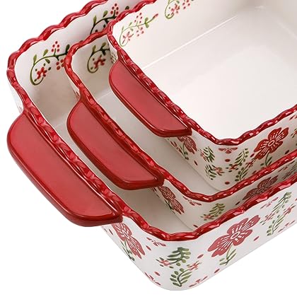 Coloch 3 Pack Ceramic Baking Dishes, Rectanglar Bakeware Set Hand-painted Lasagna Pan Porcelain Serving Bakeware for Pasta, Chicken, Kitchen, Banquet, Microwave and Dishwasher Safe