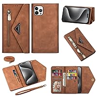 Furiet Wallet Case for 15 Pro 6.1 inch Leather Flip Zipper Purse with Card Holder Crossbody Shoulder Strap Wrist Strap Lanyard Phone Cover for iPhone15Pro 5G i i-Phone i15 iPhone15 15Pro Brown