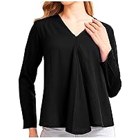 Womens Blouses Long Sleeve Casual Tops Pleated Front V Neck Shorts Dressy Plain Tunic Tee Loose Fitting T Shirt