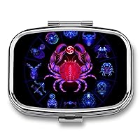 Small Rectangle Pill Box Crab Neon Zodiac Astrology Cancer Pill Case, Metal Medicine Vitamin Pill Organizer Portable Mini Pill Container Holder with 2 Compartment