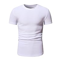 Men's Short Sleeve Basic T Shirt Solid Crew Neck Workout Bodybuilding Shirts Casual Stretch Round Neck Ribbed Tee Top