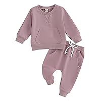 Toddler Baby Fall Clothes Long Sleeve Shirt Pocket Sweatshirt and Solid Color Long Pants Boys Girls 2Pcs Outfits