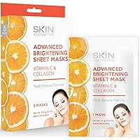 Vitamin C & Collagen Sheet Face Mask - Reduce Wrinkles & Age Spots, Moisturizes, Hydrating & Advanced Brightening Sheet Mask - Cruelty Free Korean Skin Care - All Skin Types - 5 Masks