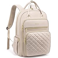 LOVEVOOK Laptop Backpack for Women, 15.6 Inch Computer Backpack for Teacher Nurse with Water Resistant, Lightweight Travel Work Backpack with USB Charging Port, Quilted Commuter Backpack purse, Beige
