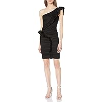 womens Solid Cotton Metal One Shoulder Ruffle Dress, Black, 8