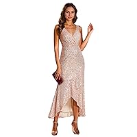 Ever-Pretty Women's Sexy Glitter High-Low Ruffled V-Neck Evening Dress with Sleeves 01914