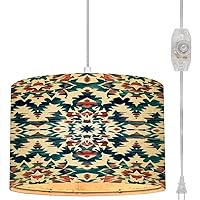 Plug in Pendant Light geometric ornament diamonds Ikkat Seamless pattern Aztec style Tribal Hanging Lamp with Plug in Cord 16.4 ft Fabric Shade Dimmable Hanging Light for Living Room Kitchen Bedroom