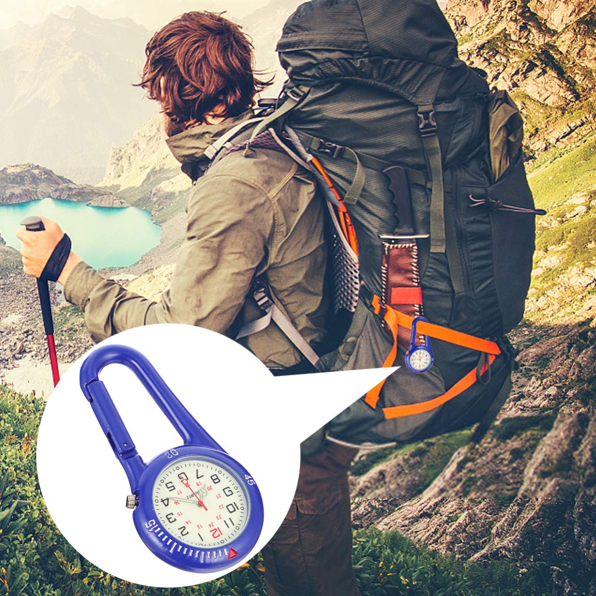 VOSAREA Clip-on Watch Glow in The Dark Dial Watch Night Light Backpack Buckle Belt Fob Watch for Rock Climbing Mountaineering Hiking Camping Blue