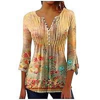 Women's T-Shirts Dressy Casual 3/4 Sleeve Shirts,Retro Floral Graphic Tees Button Down Blouses Plus Size Summer Tops