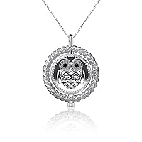 Rhodium Plated Sterling Silver with Black and White Diamond Cut CZ Rotating Owl Charm Pendant Necklace on 20 to 32 Inch Chain