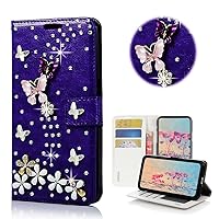 STENES Bling Wallet Phone Case Compatible with LG G8 ThinQ - Stylish - 3D Handmade S-Link Butterfly Floral Leather Cover with Neck Strap Lanyard [3 Pack] - Purple
