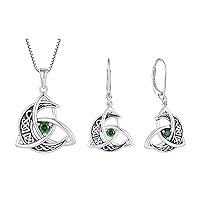 Vintage Celtic Moon Pendant Necklace Earrings Women Gemstone Jewelry Set with Created Emerald