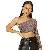 Womens Summer Tops Sexy Casual T Shirts for Women One Shoulder Glitter T-Shirt (Color : Mocha Brown, Size : X-Large)
