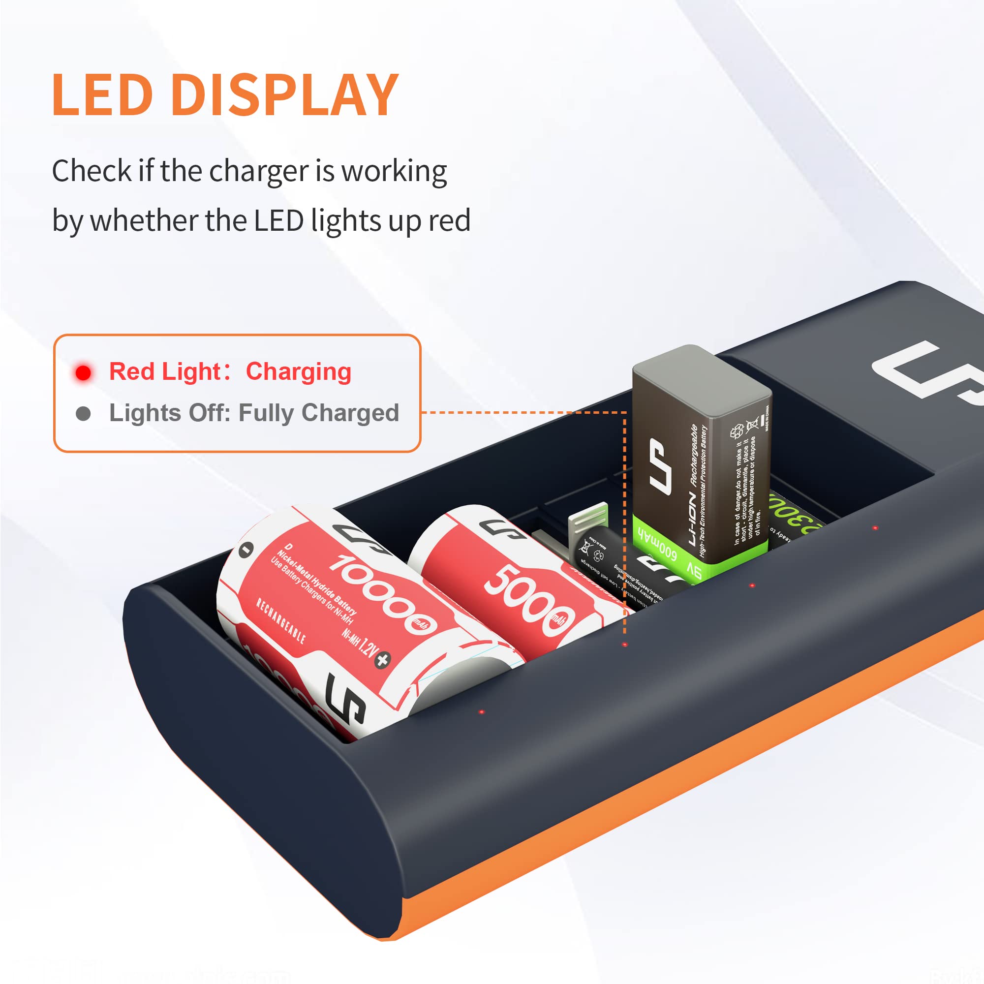 LP Universal Battery Charger LED Display for Rechargeable Batteries NI-MH NI-CD AA AAA C D 9V Li-ion, Smart Battery Charger with AC Adapter Fast Charging for 1.2V NI-MH NI-CD Batteries