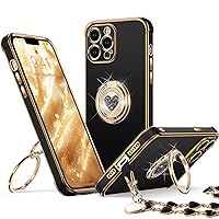 for iPhone 12 Pro Max Case with Stand, Phone Case with Double Ring Kickstand, Women Girls Bling Luxury Protective Case Heart for iPhone 12 Pro Max, Black