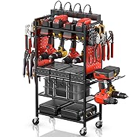 CCCEI Power Tool Organizer Cart with Charging Station, Garage Floor Rolling Storage Cart on Wheels for Mechanic, Mobile 6 Drill, Tool Box Utility Cart with Battery Charging Power Strip, Red.