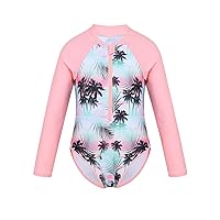 Kids Girls Long Sleeve One-Piece Flower Printed Front Zipper Swimsuit Rash Guard Tshirt with UPF 50+ Sun Protection