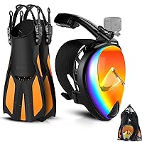 Odoland Snorkeling Packages, Snorkel Full Face Mask Set with Camera Mount, UV 400 Protection, Adjustable Swim Fins, Anti-Fog 180 Degrees Panoramic View Diving Gear for Men Women Adult