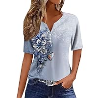 Summer Tops for Women 2024,Short Sleeve Shirts for Women Trendy V-Neck Button Boho Tops for Women Workout Tops for Women