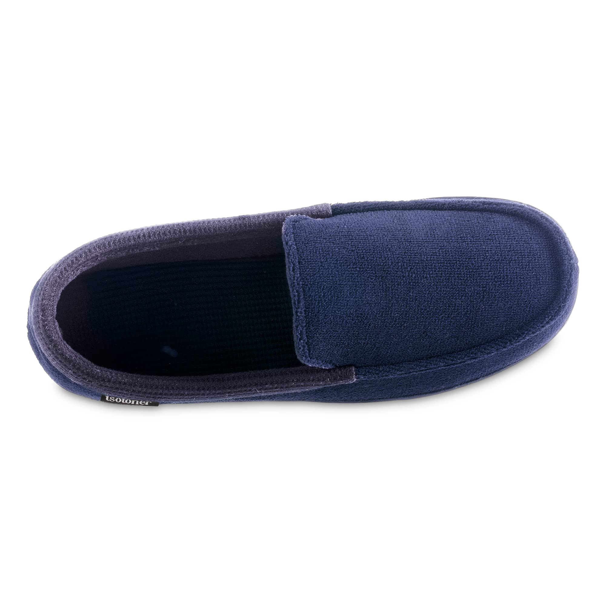 isotoner Men's Microterry and Waffle Travis Moccasin Slippers With Memory Foam Insole and Durable Rubber Outsole