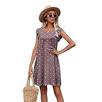 Summer Dresses for Women 2022 Polka Dot Ruffle Trim Tee Dress (Color : Mauve Purple, Size : XX-Large)