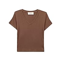 Women's Casual Rayon Ribbed V-Neck Short Sleeve Crop Top